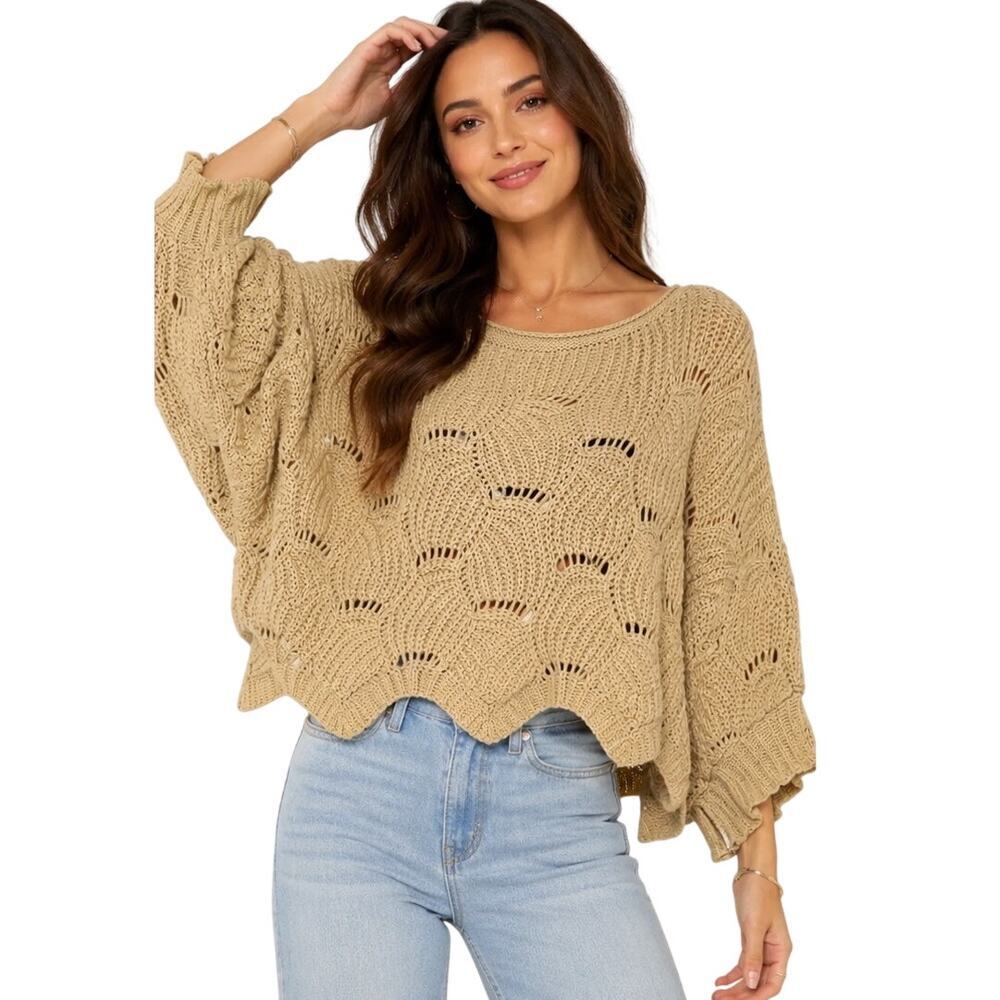 Entro Open Knit Cocoon Sweater S Beige Oversized Boho Balloon Sleeve